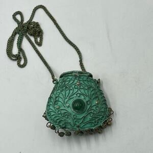 Vintage Green Filigree Metal
Miniature Purse Pendant Estate
Necklace Adventurine